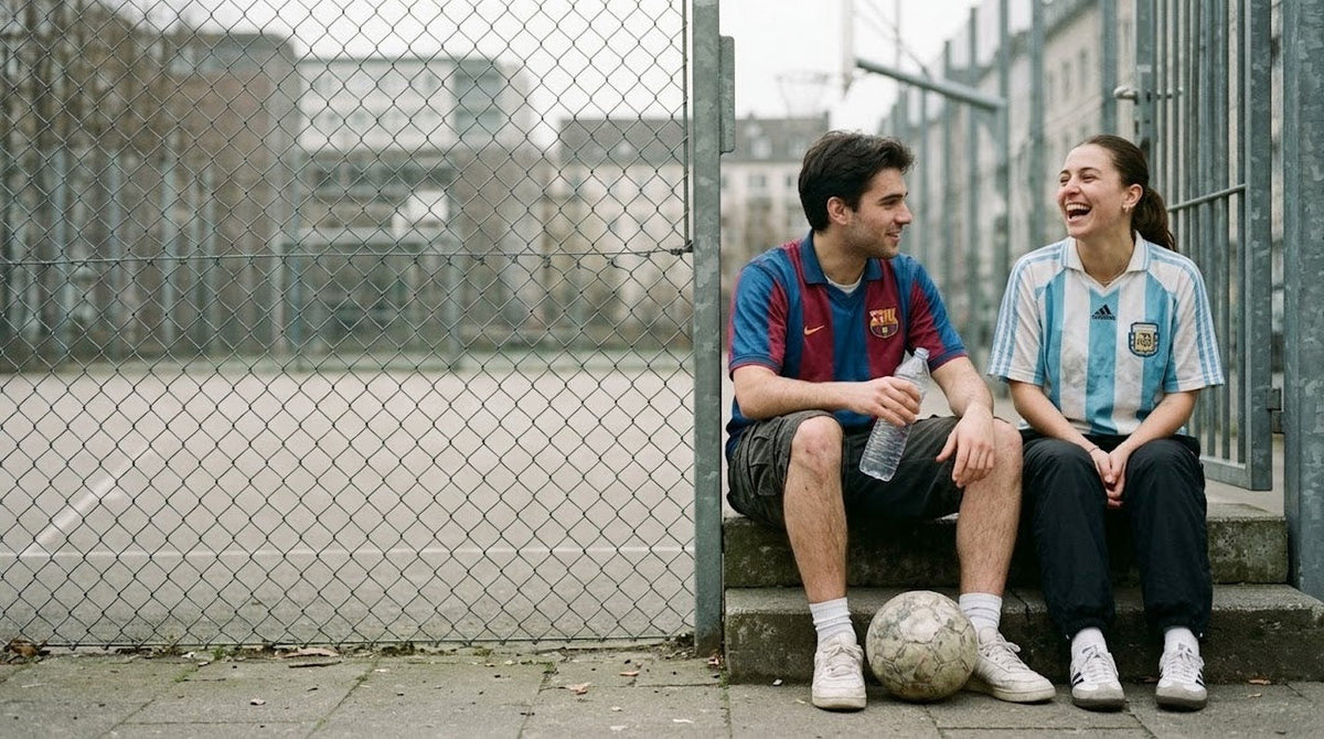 Two friends in retro Barcelona and Argentina jerseys outside a street football cage