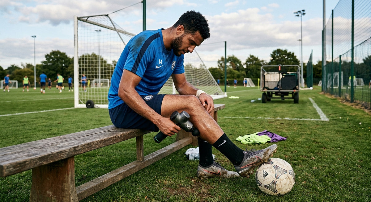 Soccer player using a recovery massage gun on their calf at a training pitch