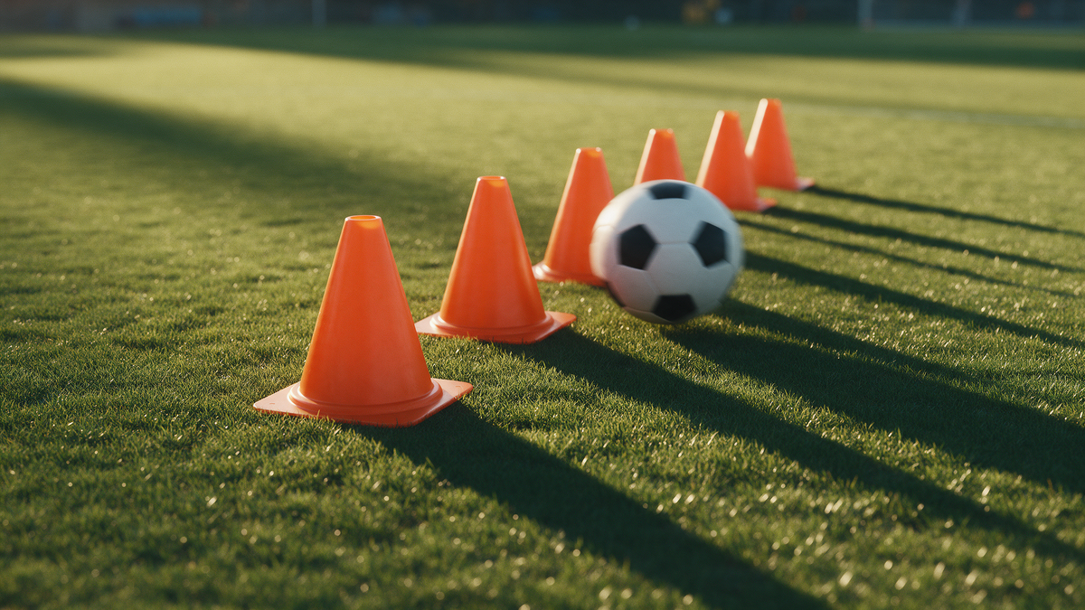 Agility training cones and soccer ball on a pitch at golden hour