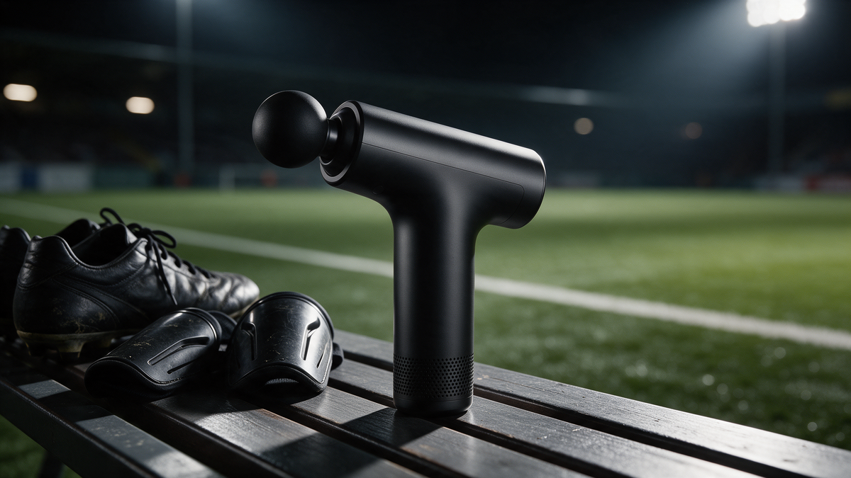 Kickside Mini Recovery Massage Gun on a soccer field sideline bench