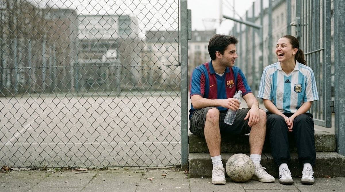 Two friends in retro Barcelona and Argentina jerseys laughing outside a street football cage