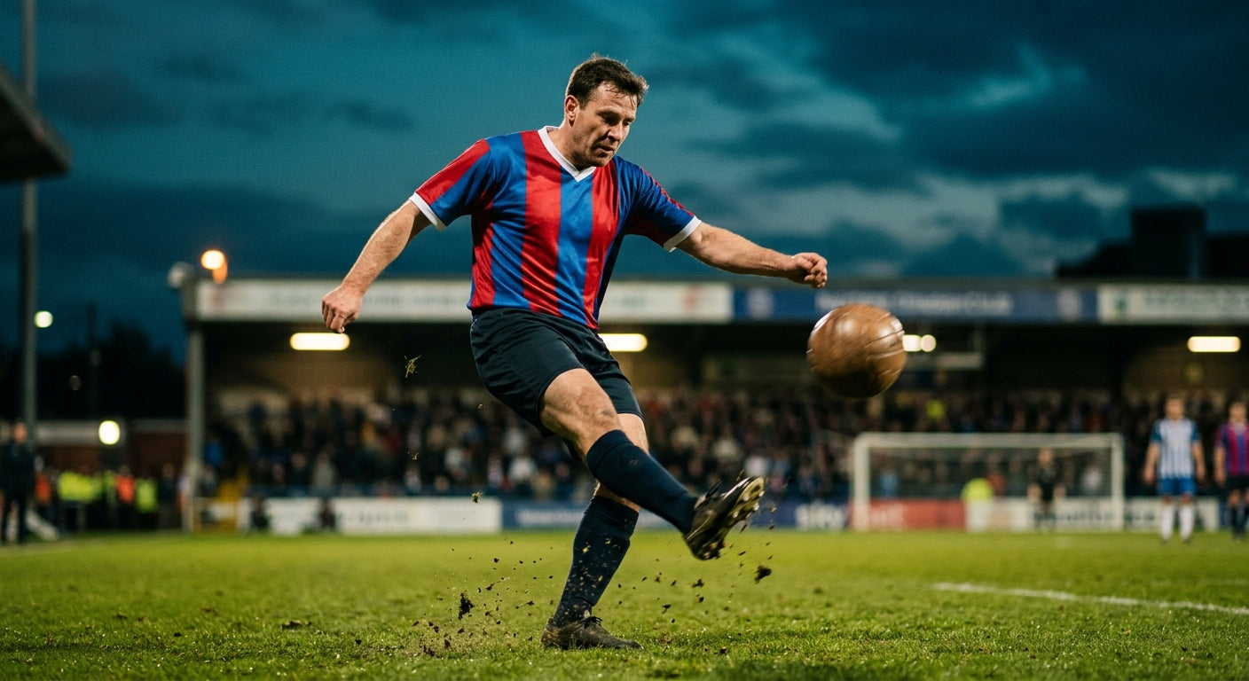 Soccer player mid-kick, photojournalistic action shot