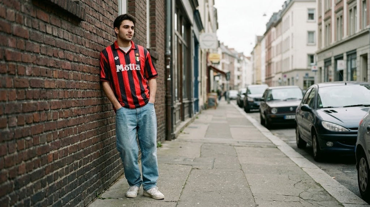 Man in a retro AC Milan jersey leaning on a brick wall on a city street