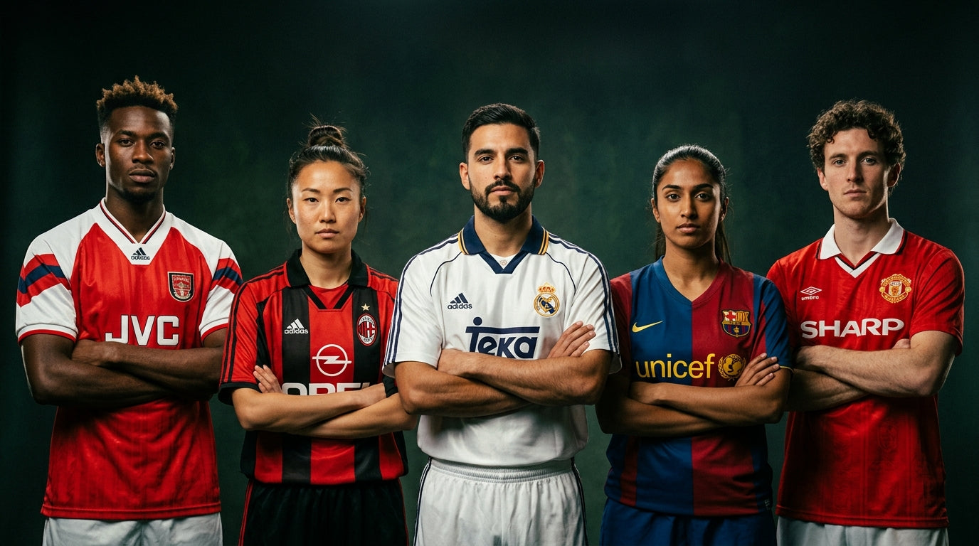 Kickside Supply retro kits lookbook - five athletes in different club retro jerseys, arms crossed, studio lighting