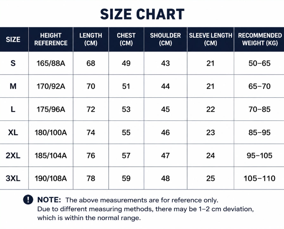 Retro Kits jersey size chart: S to 3XL with height, length, chest, shoulder, sleeve length and recommended weight